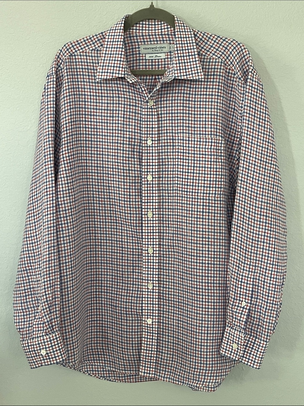 Vineyard Vines Men's Large 100% Linen Plaid Button Down‎ Shirt Red Blue White L